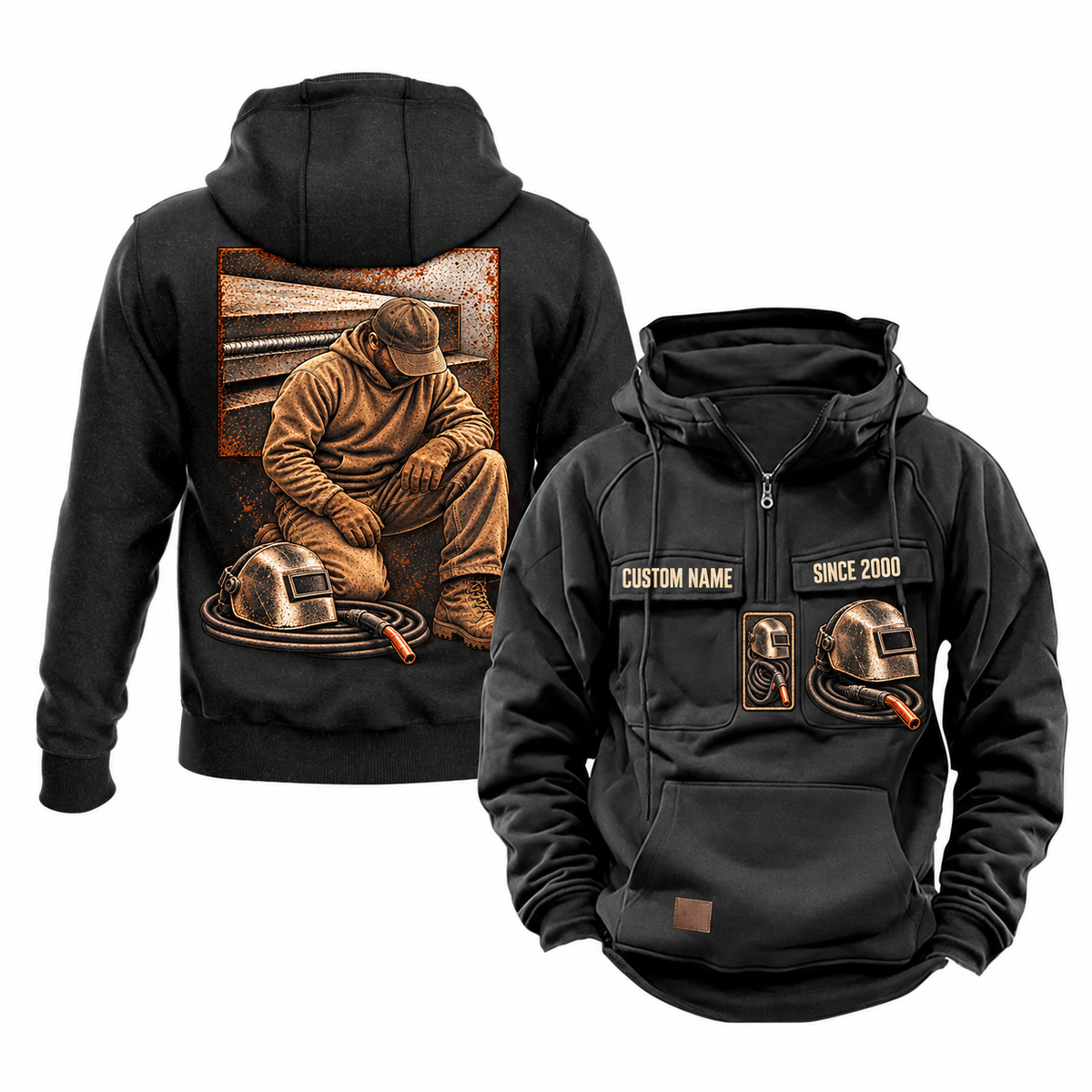 Welder Ready Every Day Portrait Vintage Hoodie in Black, front and back views with sample text CUSTOM NAME and SINCE 2000.