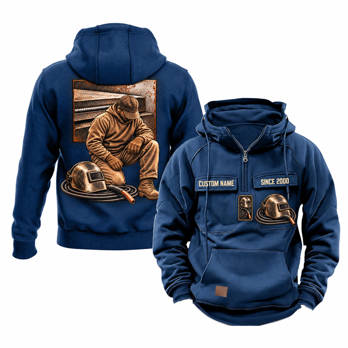 Welder Ready Every Day Portrait Vintage Hoodie in Dark Blue, front and back views with sample text CUSTOM NAME and SINCE 2000.