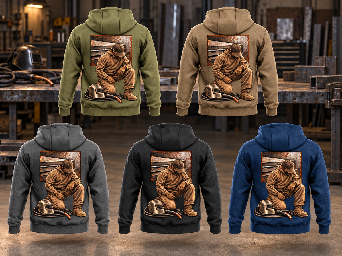 Welder Ready Every Day Portrait Vintage Hoodie in Military Green, Kaki, Dark Gray, Black and Dark Blue, five complete separated back views with kneeling welder artwork in a quiet metalworking workshop.