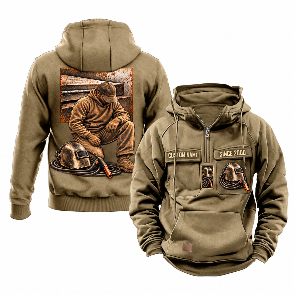 Welder Ready Every Day Portrait Vintage Hoodie in Kaki, front and back views with sample text CUSTOM NAME and SINCE 2000.