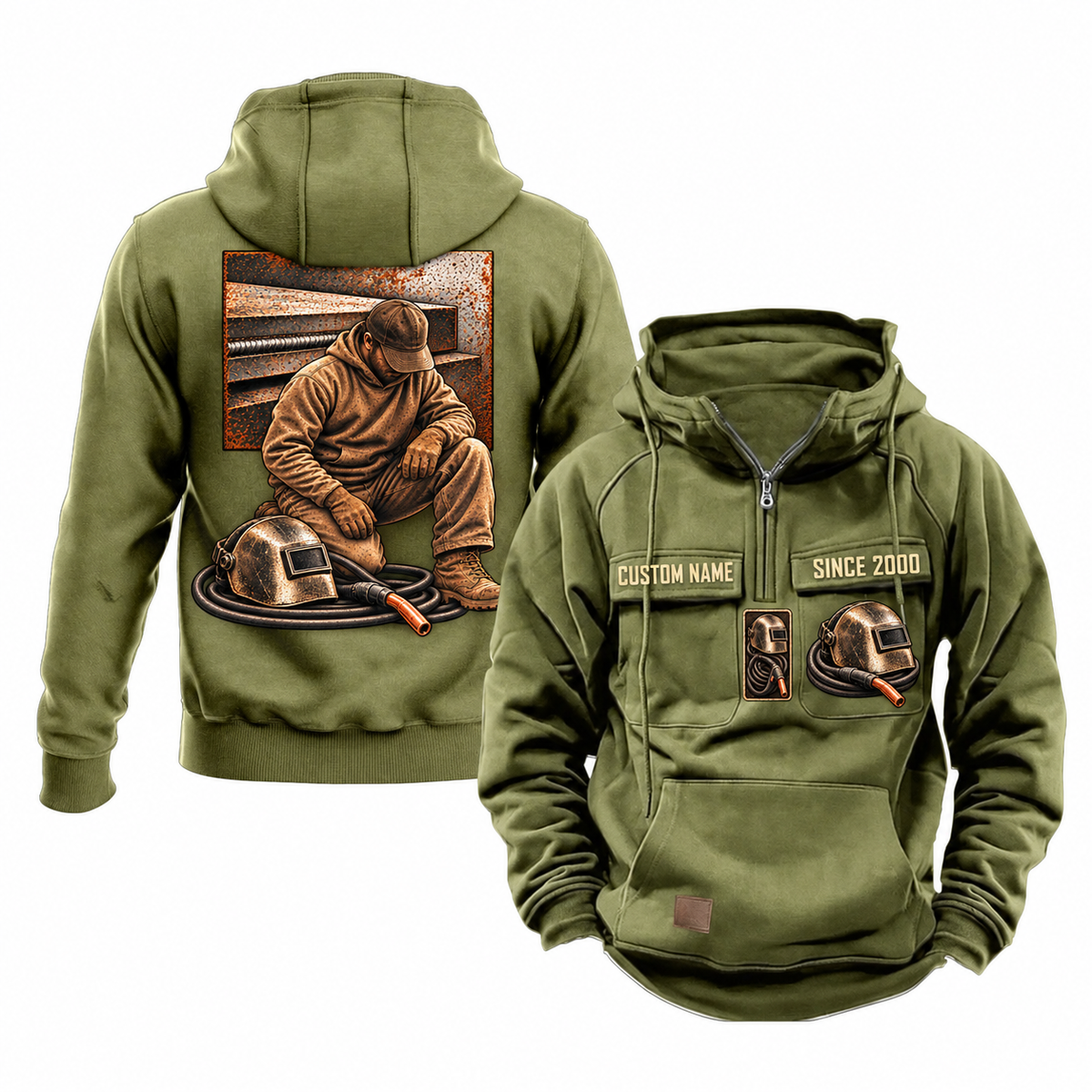 Welder Ready Every Day Portrait Vintage Hoodie in Military Green, front and back views with sample text CUSTOM NAME and SINCE 2000.