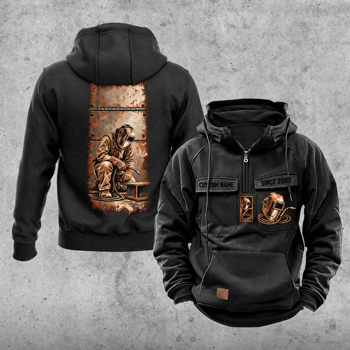 Welder Workday Portrait Vintage Hoodie in Black, front and back views with sample text CUSTOM NAME and SINCE 2000, a tall steel-panel kneeling-welder back illustration, and helmet-and-torch chest emblems.