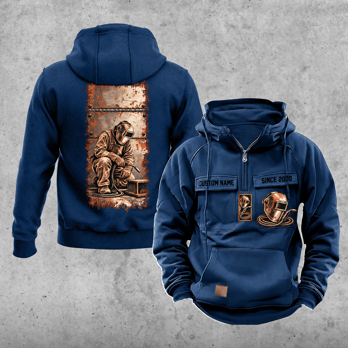 Welder Workday Portrait Vintage Hoodie in Dark Blue, front and back views with sample text CUSTOM NAME and SINCE 2000, a tall steel-panel kneeling-welder back illustration, and helmet-and-torch chest emblems.