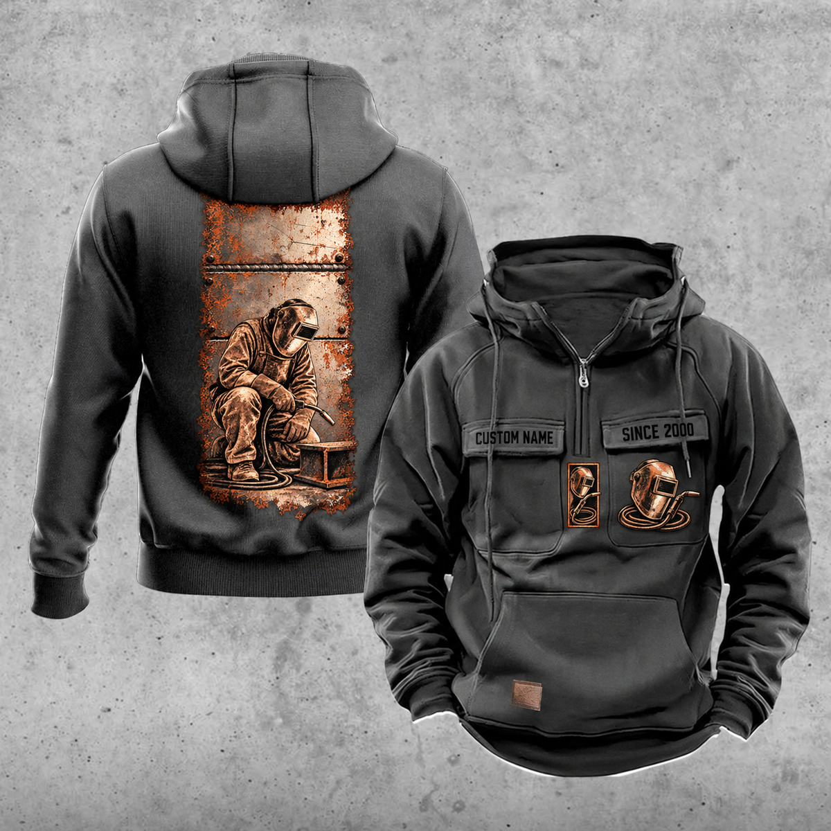 Welder Workday Portrait Vintage Hoodie in Dark Gray, front and back views with sample text CUSTOM NAME and SINCE 2000, a tall steel-panel kneeling-welder back illustration, and helmet-and-torch chest emblems.