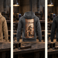 Five complete, separate back views of the Welder Workday Portrait Vintage Hoodie in Military Green, Kaki, Dark Gray, Black and Dark Blue, displayed in a quiet metalworking workshop with cold steel samples and tools at rest.