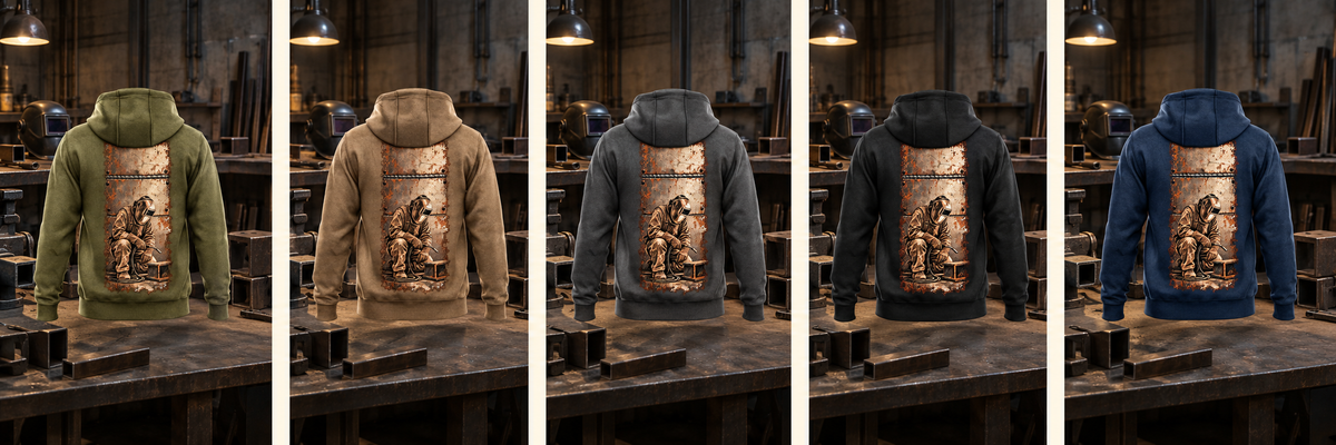 Five complete, separate back views of the Welder Workday Portrait Vintage Hoodie in Military Green, Kaki, Dark Gray, Black and Dark Blue, displayed in a quiet metalworking workshop with cold steel samples and tools at rest.
