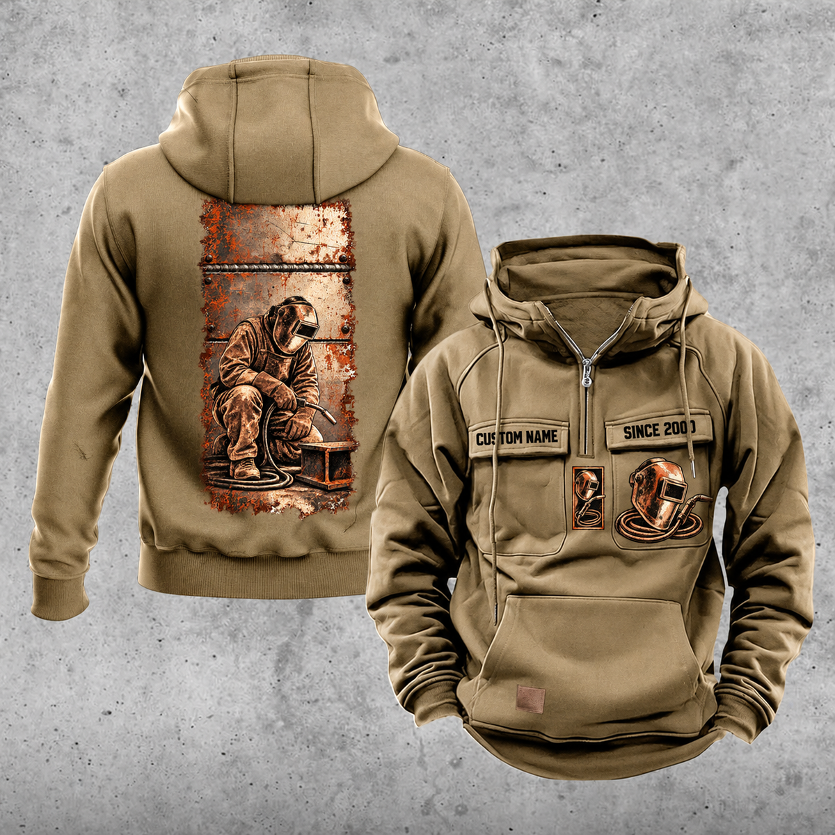 Welder Workday Portrait Vintage Hoodie in Kaki, front and back views with sample text CUSTOM NAME and SINCE 2000, a tall steel-panel kneeling-welder back illustration, and helmet-and-torch chest emblems.