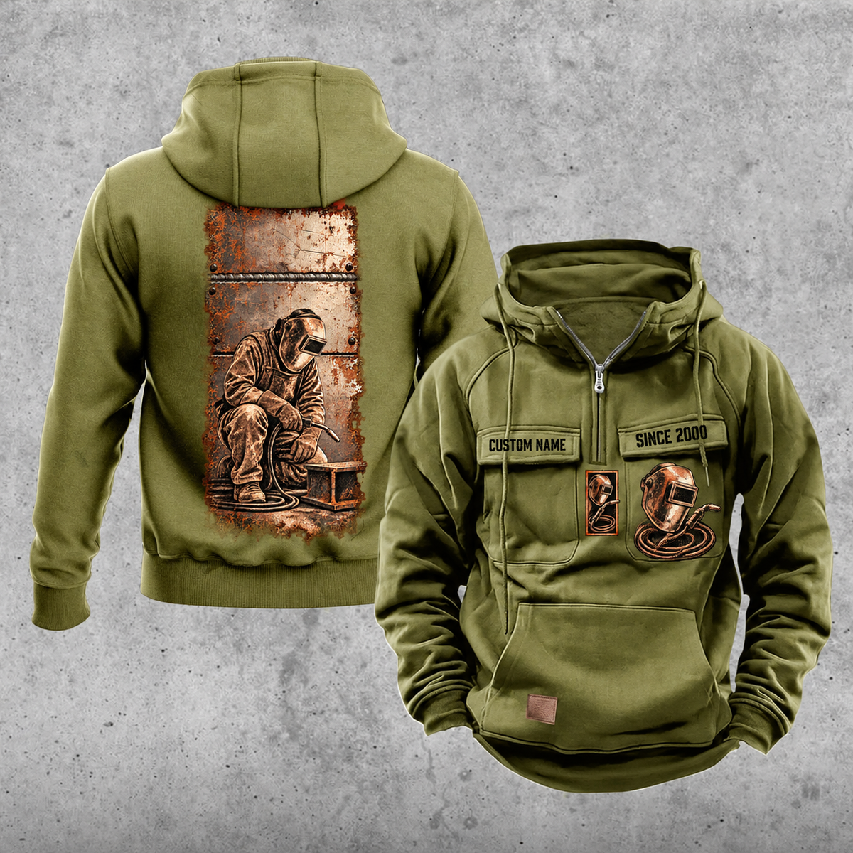 Welder Workday Portrait Vintage Hoodie in Military Green, front and back views with sample text CUSTOM NAME and SINCE 2000, a tall steel-panel kneeling-welder back illustration, and helmet-and-torch chest emblems.