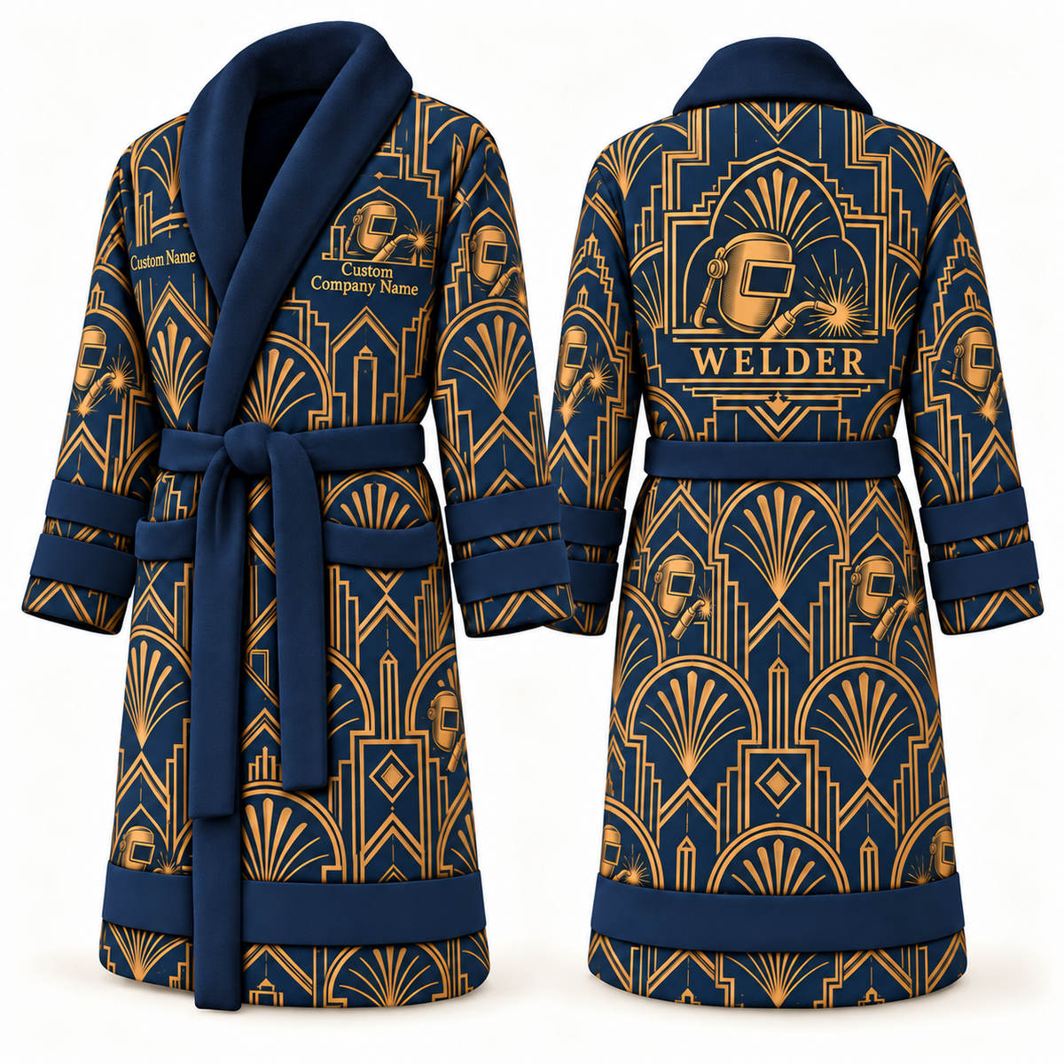 Personalized Welder Bathrobe - Art Deco Craft blue front and back view