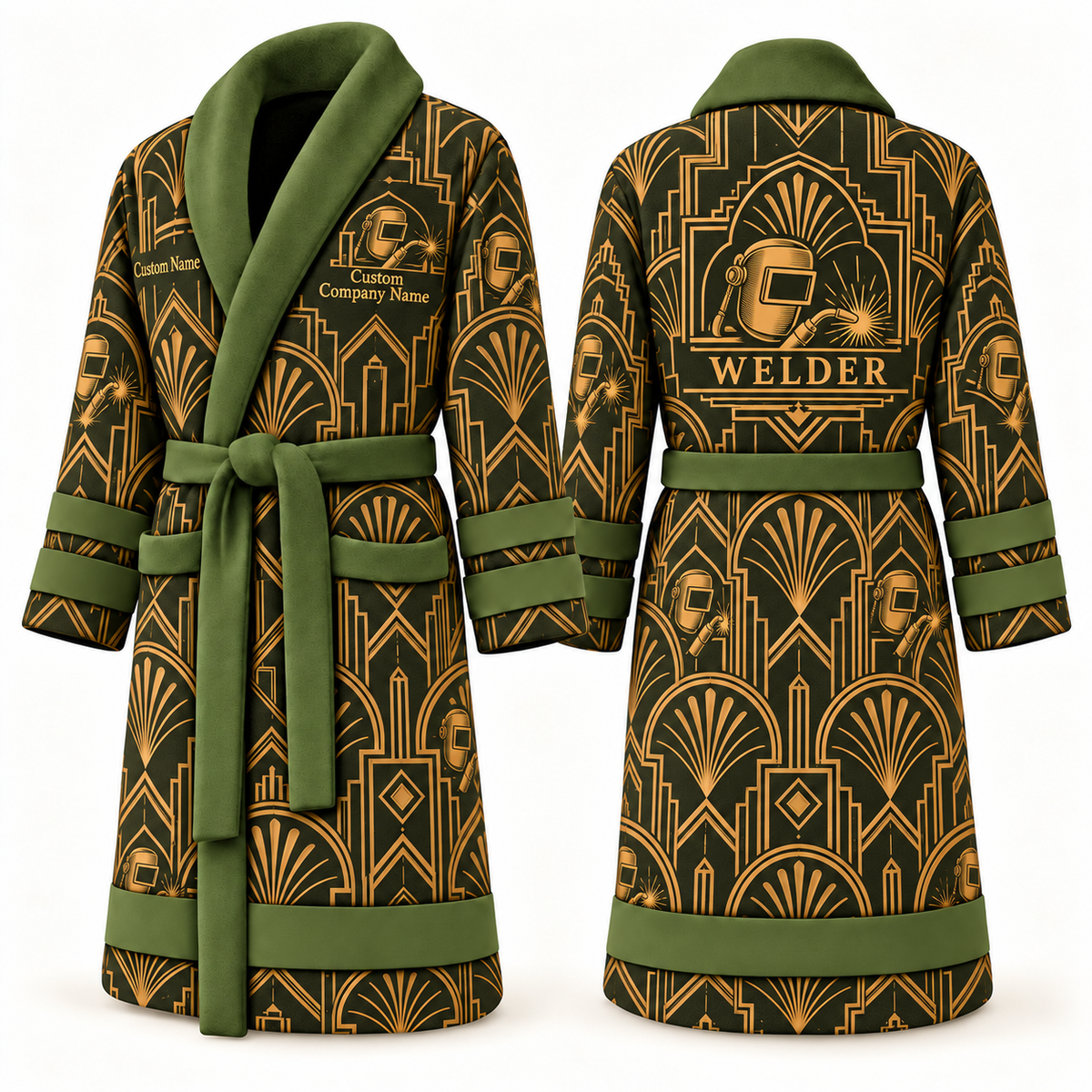 Personalized Welder Bathrobe - Art Deco Craft olive front and back view