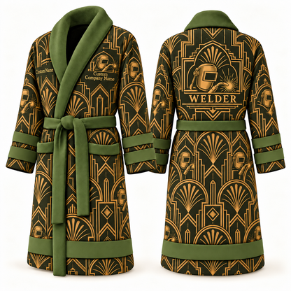 Personalized Welder Bathrobe - Art Deco Craft olive front and back view