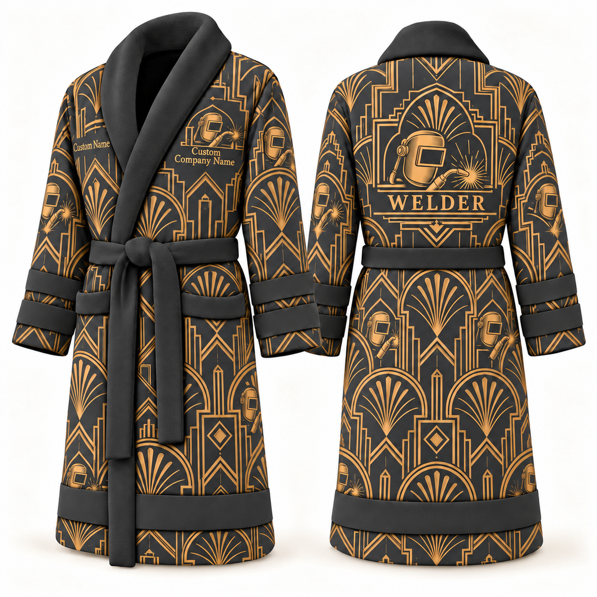 Personalized Welder Bathrobe - Art Deco Craft slate front and back view