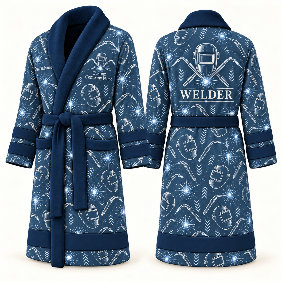 Personalized Welder Bathrobe blue front and back