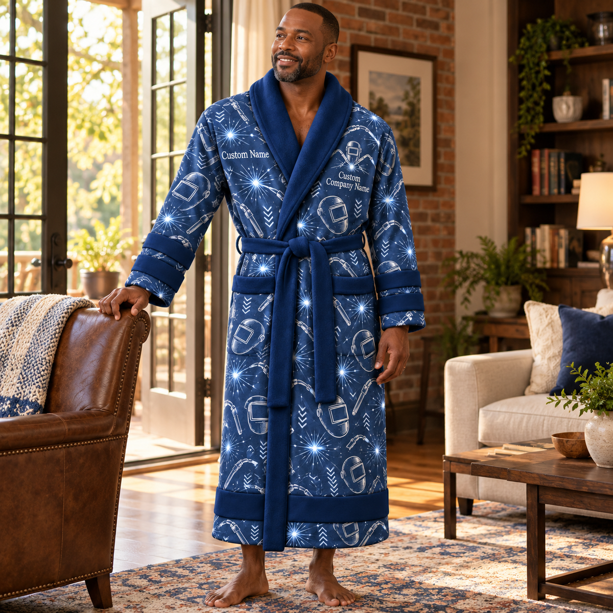 Personalized Welder Bathrobe Blue worn at home