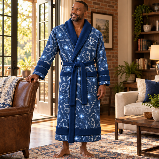 Personalized Welder Bathrobe Blue worn at home