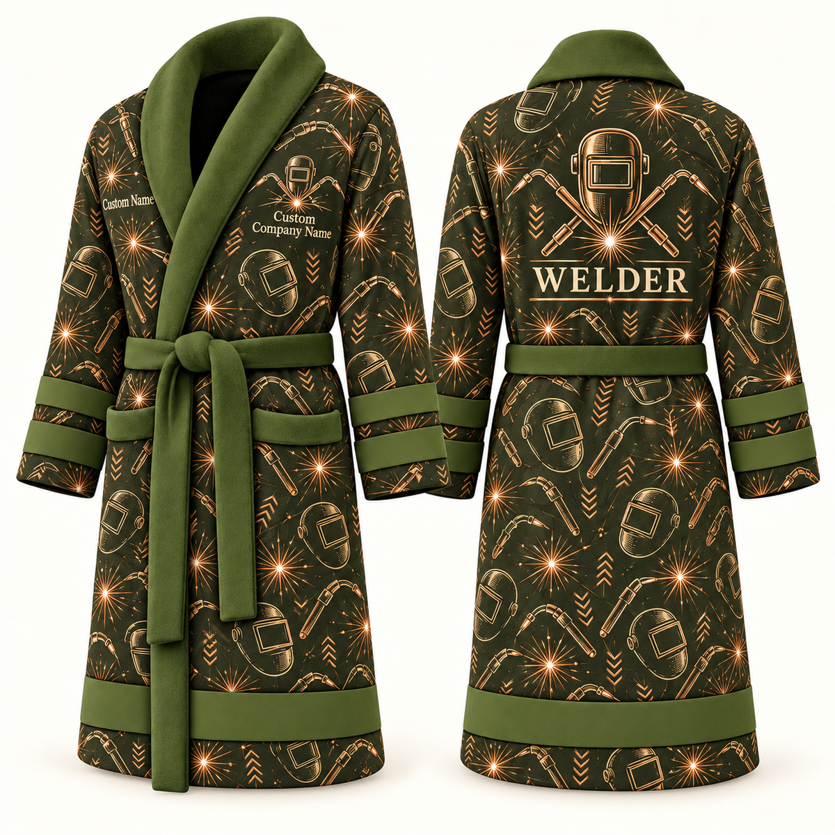 Personalized Welder Bathrobe olive front and back