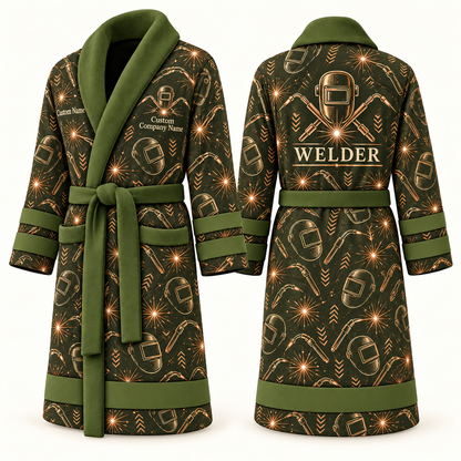 Personalized Welder Bathrobe olive front and back