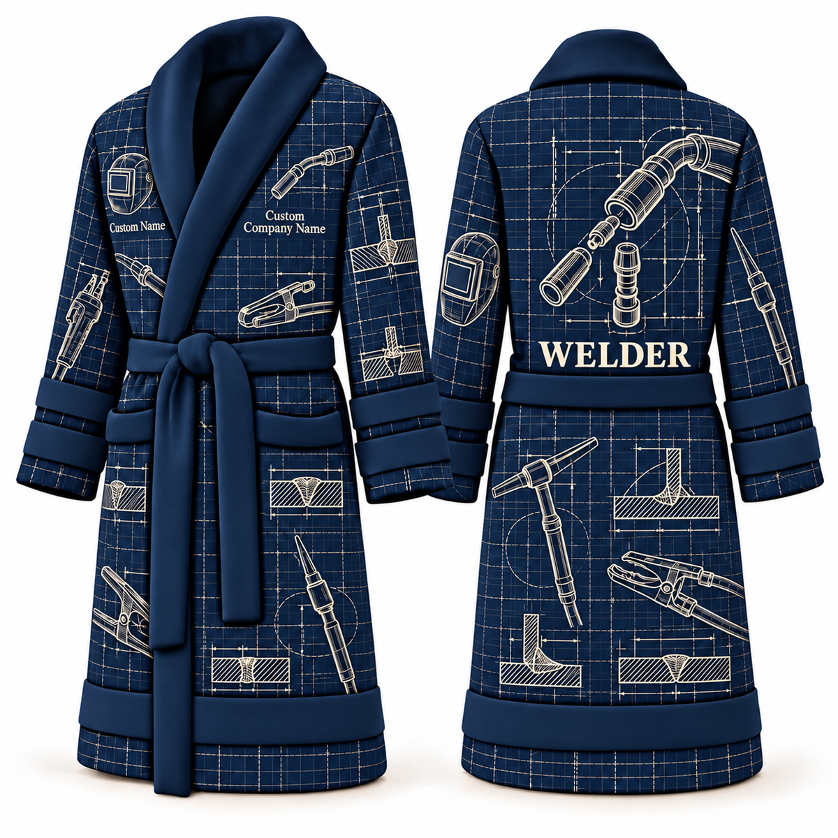 Personalized Welder Bathrobe - Blueprint Workshop blue front and back view