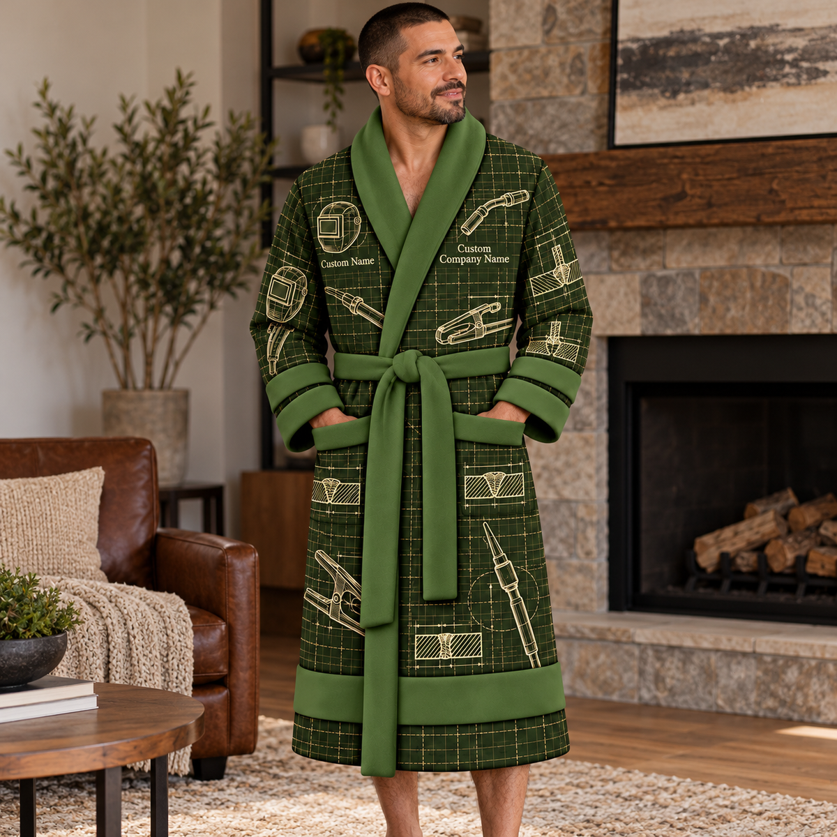 Personalized Welder Bathrobe - Blueprint Workshop lifestyle view