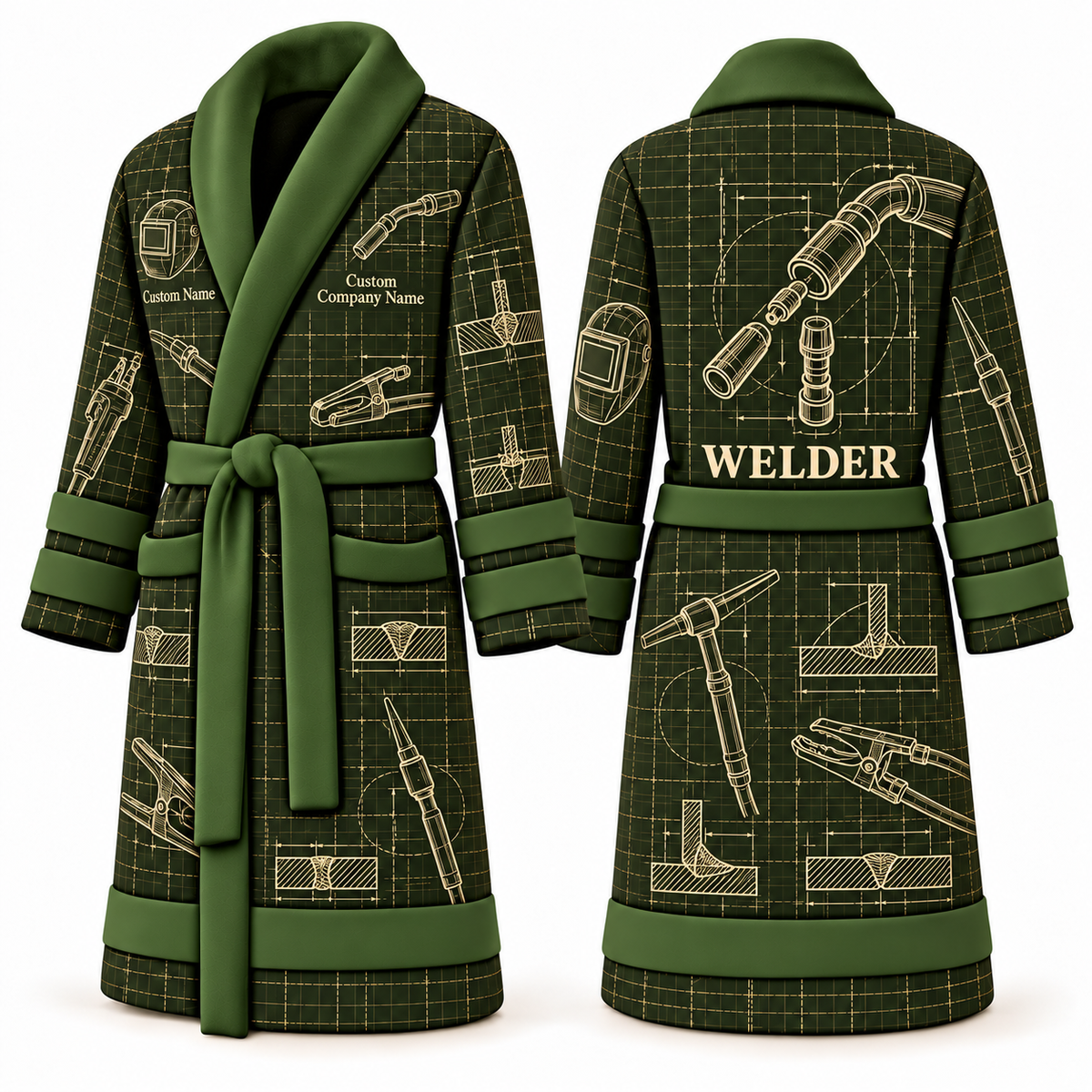 Personalized Welder Bathrobe - Blueprint Workshop olive front and back view