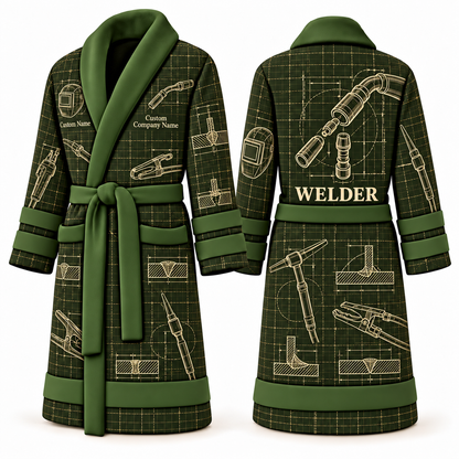 Personalized Welder Bathrobe - Blueprint Workshop olive front and back view