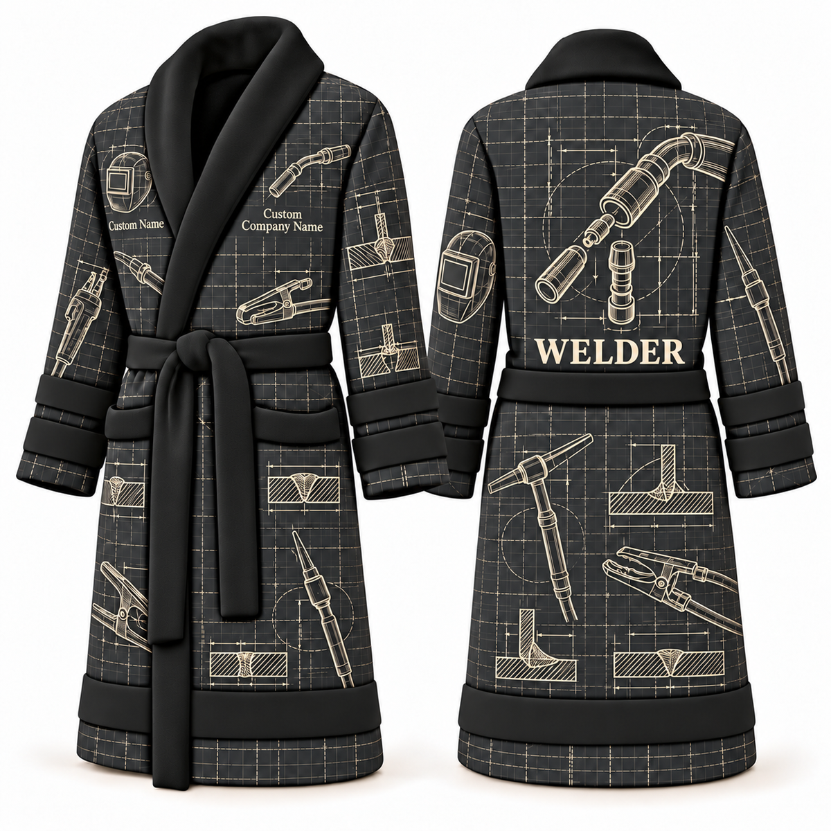 Personalized Welder Bathrobe - Blueprint Workshop slate front and back view