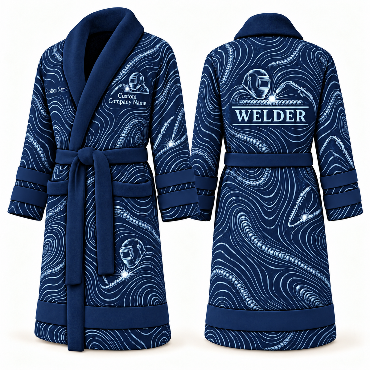 Personalized Welder Bathrobe - Contour Lines blue front and back view