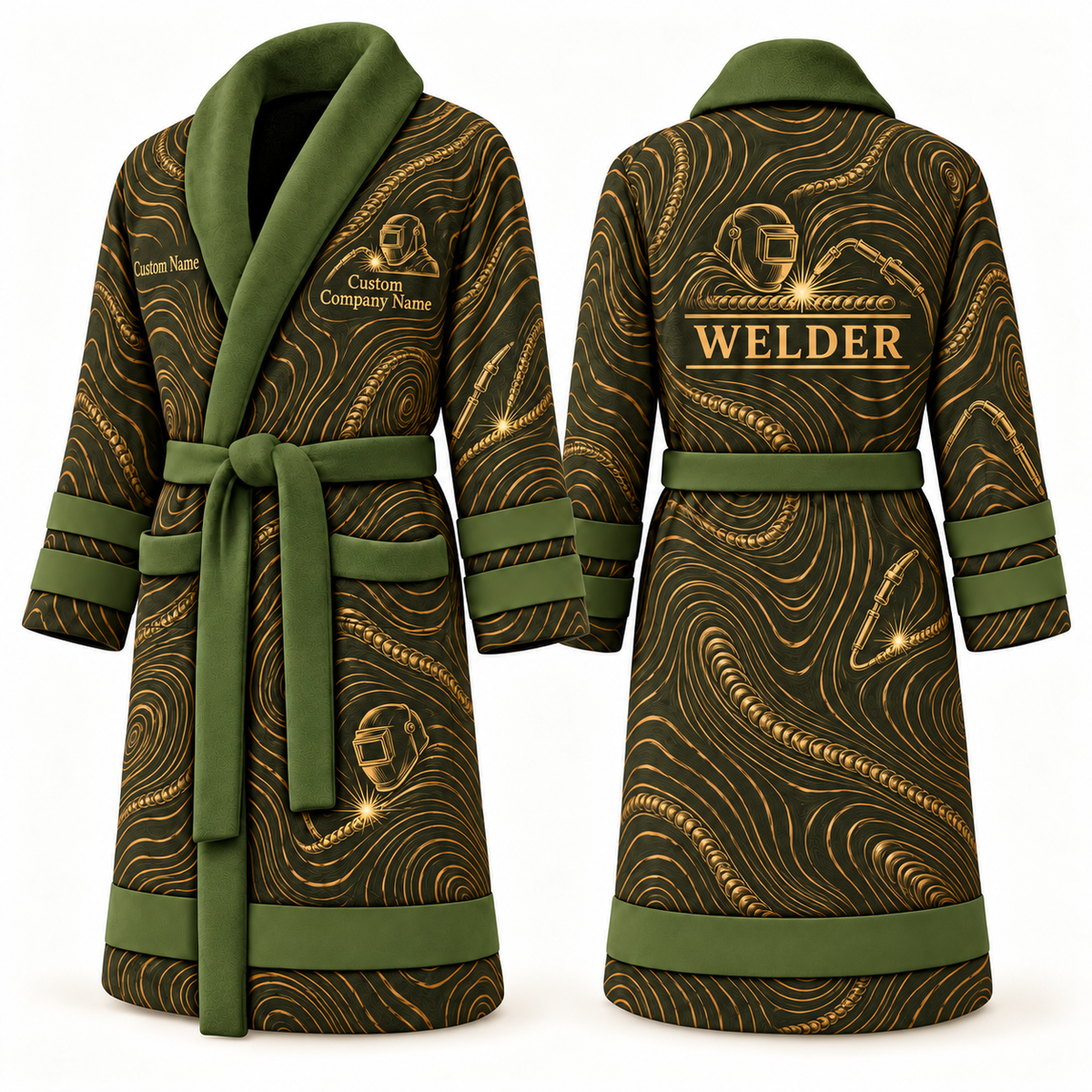 Personalized Welder Bathrobe - Contour Lines olive front and back view