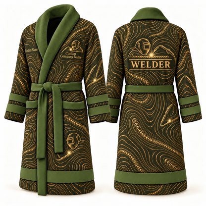 Personalized Welder Bathrobe - Contour Lines olive front and back view