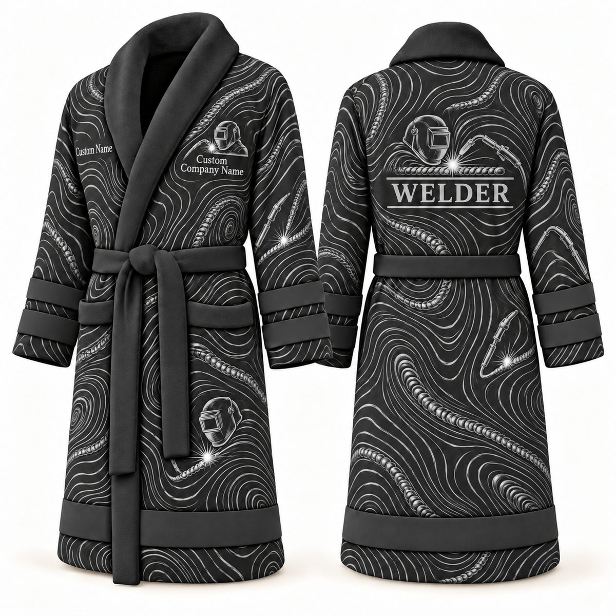 Personalized Welder Bathrobe - Contour Lines slate front and back view