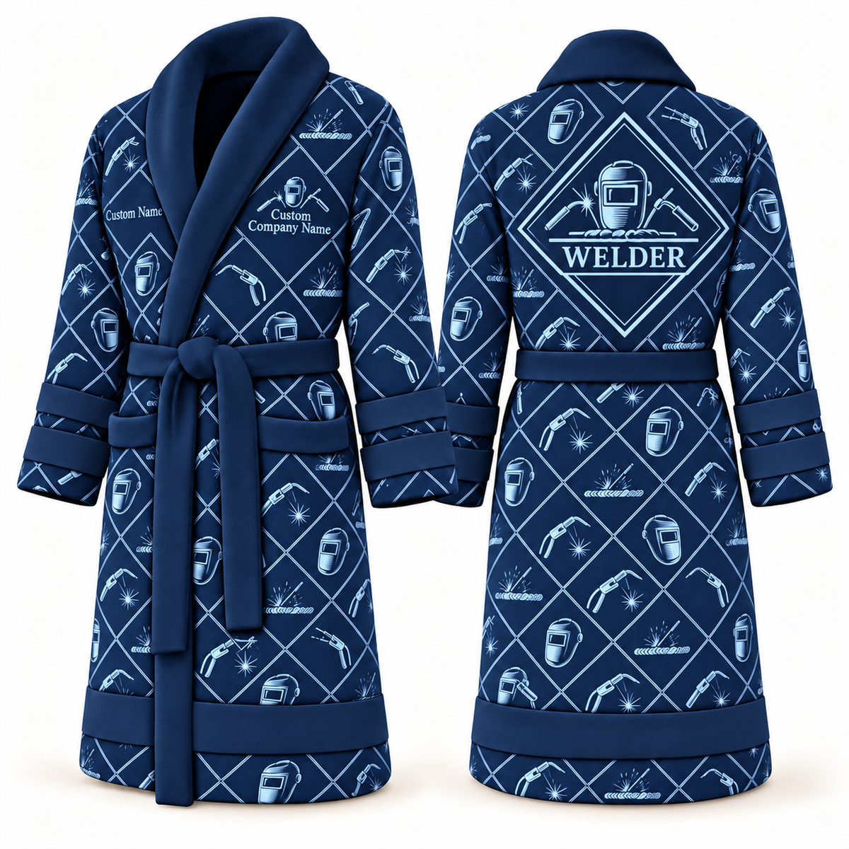 Personalized Welder Bathrobe - Diamond Emblems blue front and back view