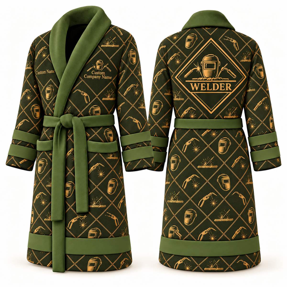 Personalized Welder Bathrobe - Diamond Emblems olive front and back view