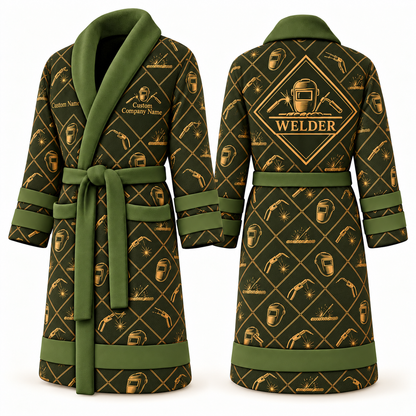 Personalized Welder Bathrobe - Diamond Emblems olive front and back view