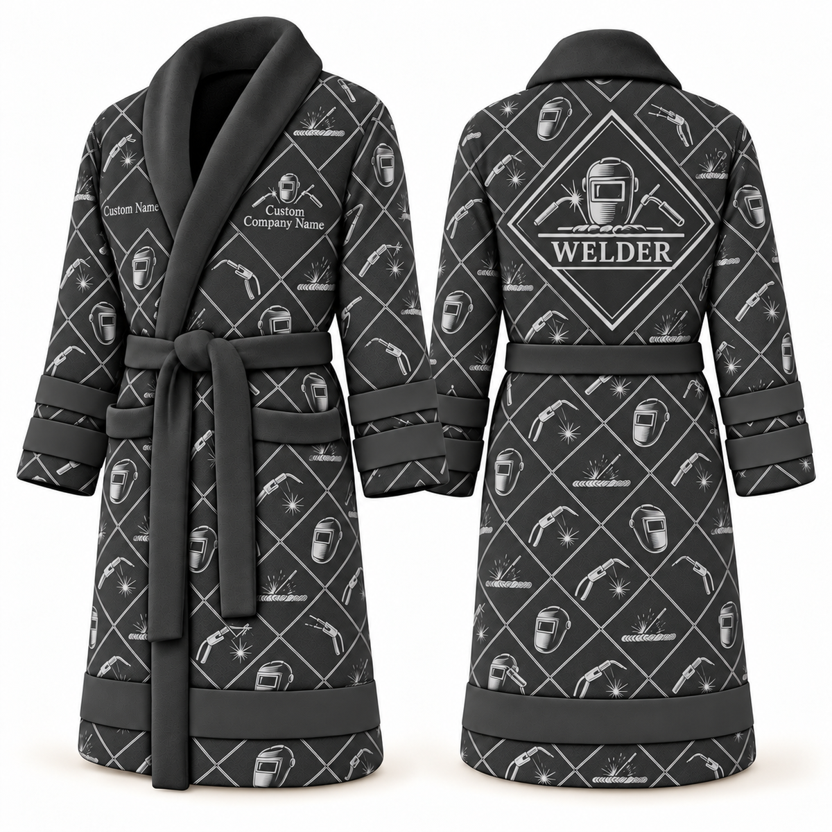 Personalized Welder Bathrobe - Diamond Emblems slate front and back view