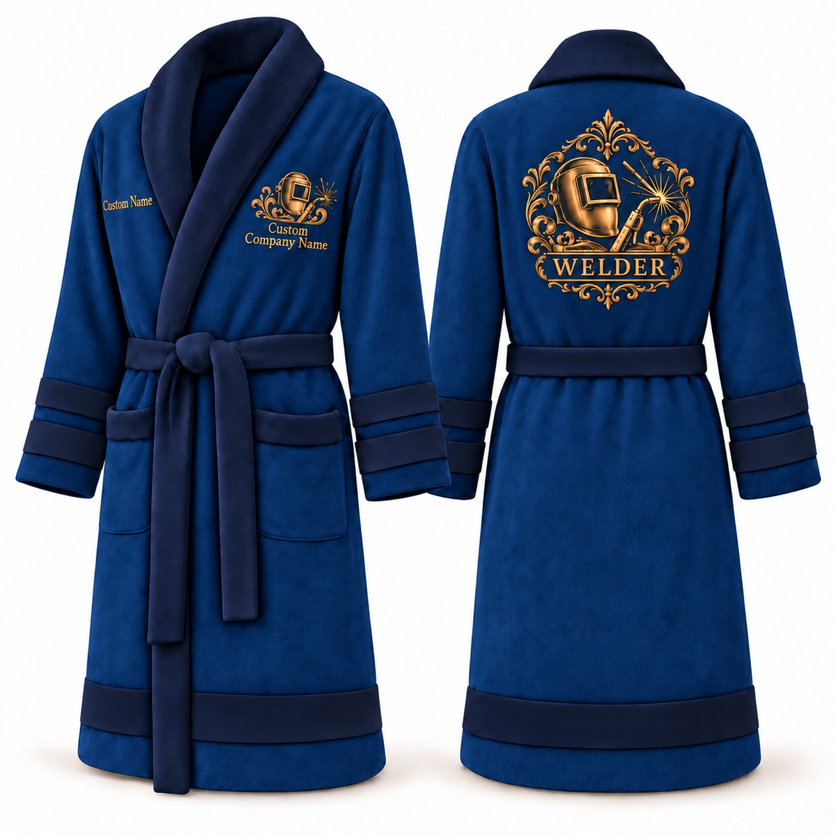 Personalized Welder Bathrobe - Heritage Crest blue front and back view