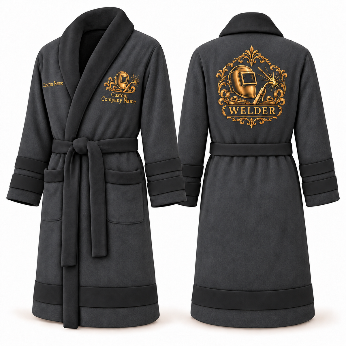 Personalized Welder Bathrobe - Heritage Crest slate front and back view