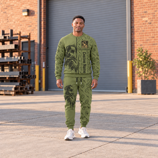 welder occupation-themed sweater and jogger combo on a model with name and company artwork
