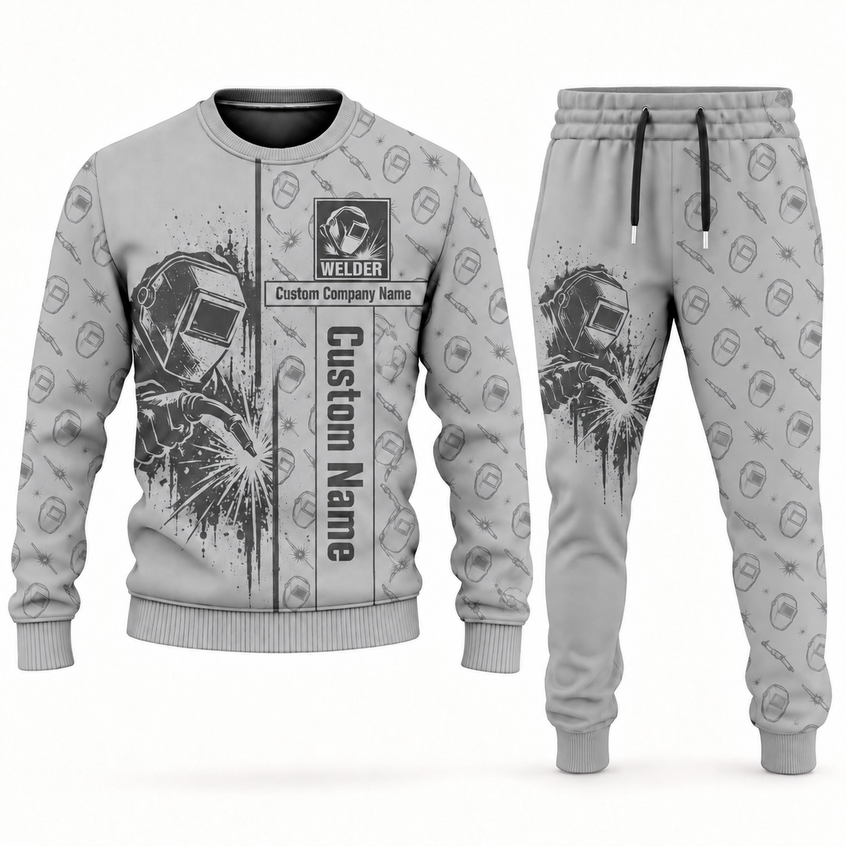 welder occupation-themed sweater and jogger combo lightgray color with name and company artwork
