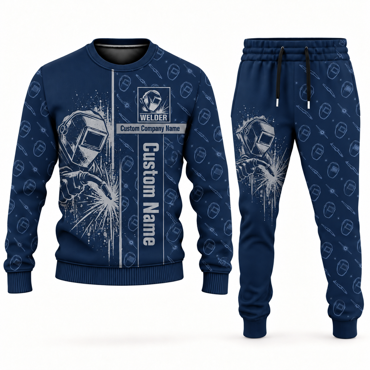 welder occupation-themed sweater and jogger combo navy color with name and company artwork