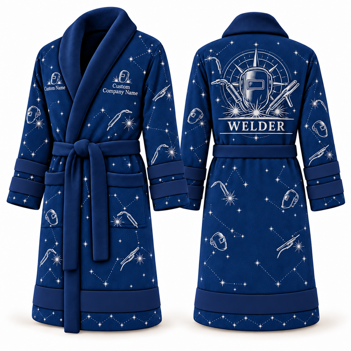 Personalized Welder Bathrobe - Night Shift blue front and back view