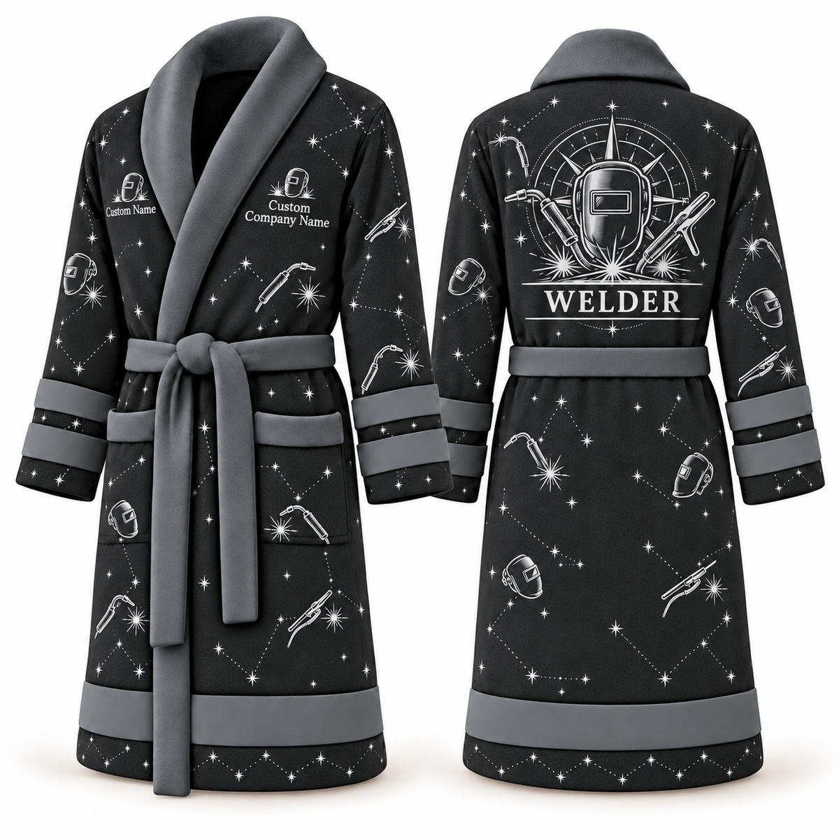 Personalized Welder Bathrobe - Night Shift slate front and back view