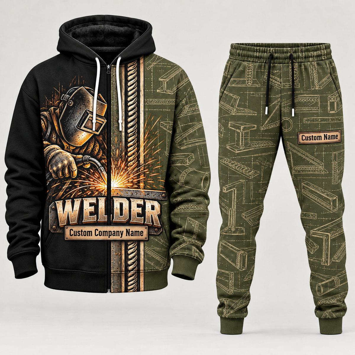 welder full-zip hoodie and matching joggers - olive catalog view