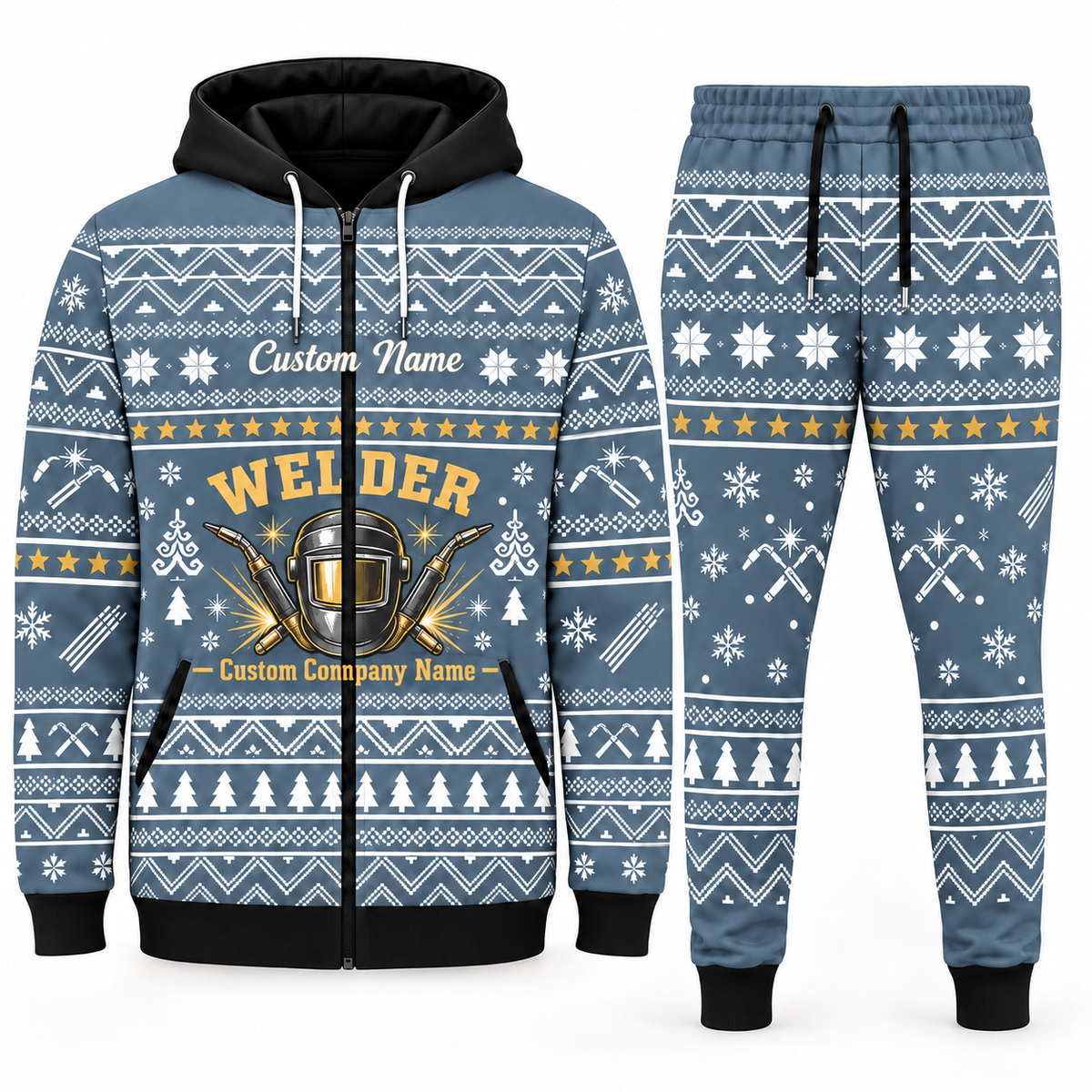 welder blue-gray Winter Snowflake full-zip hoodie and jogger combo with Custom Name and Custom Company Name