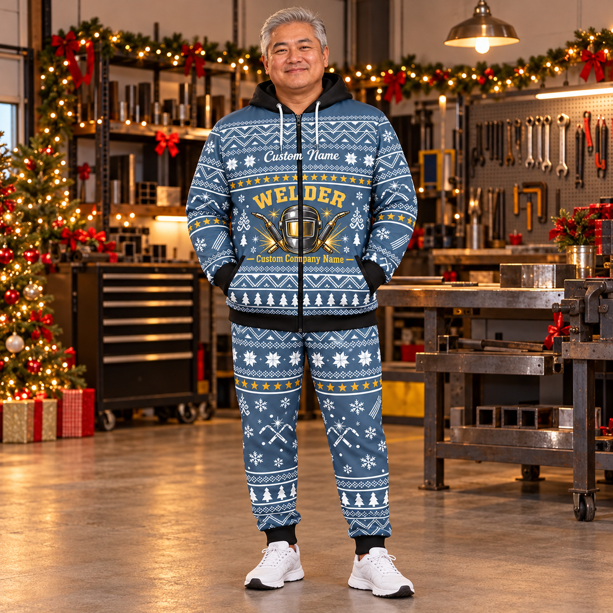 welder hero Winter Snowflake full-zip hoodie and jogger combo with Custom Name and Custom Company Name