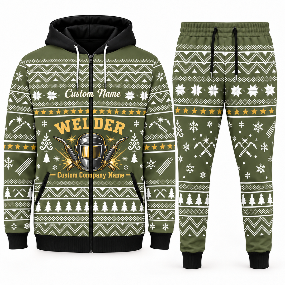 welder olive Winter Snowflake full-zip hoodie and jogger combo with Custom Name and Custom Company Name