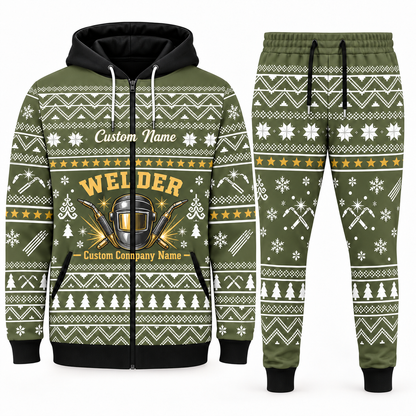 welder olive Winter Snowflake full-zip hoodie and jogger combo with Custom Name and Custom Company Name