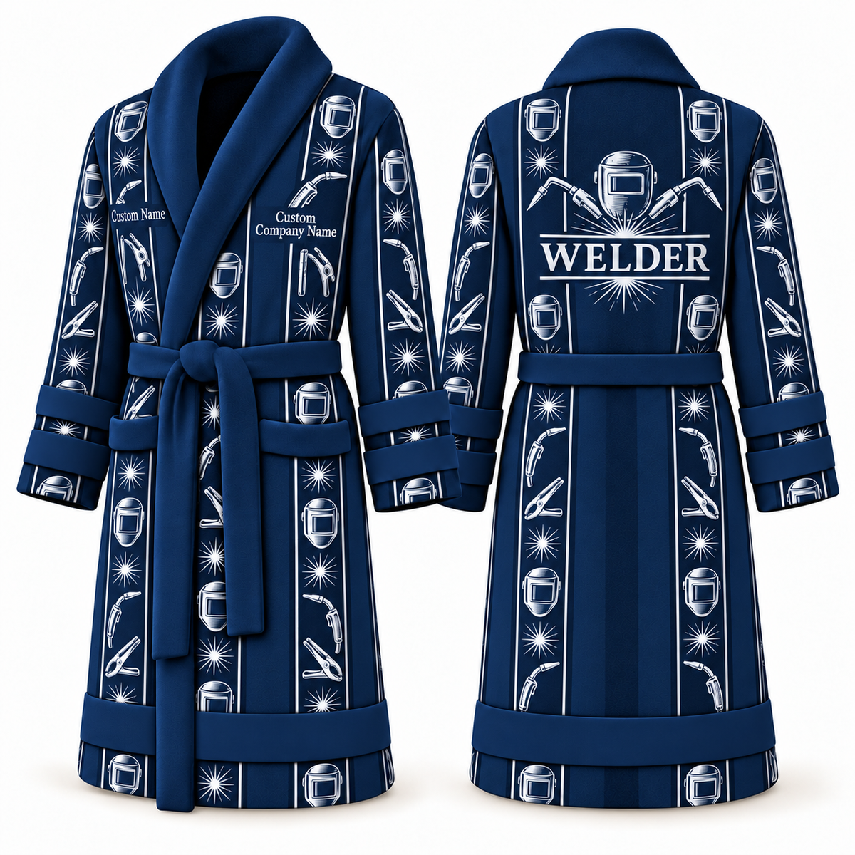 Personalized Welder Bathrobe - Workbench Stripes blue front and back view