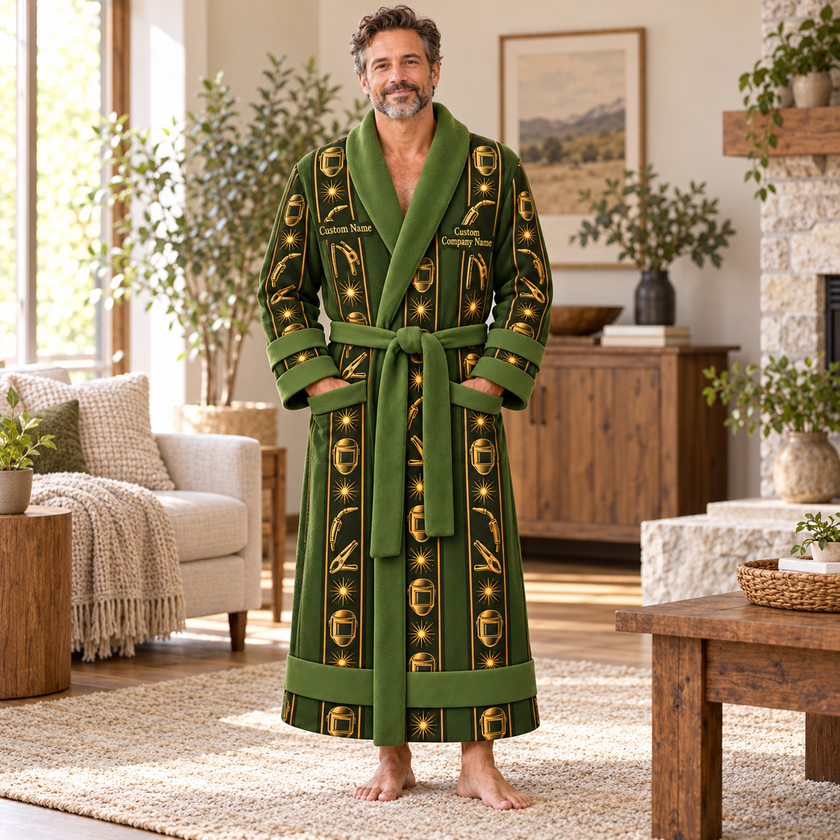Personalized Welder Bathrobe - Workbench Stripes lifestyle view