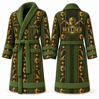 Personalized Welder Bathrobe - Workbench Stripes olive front and back view