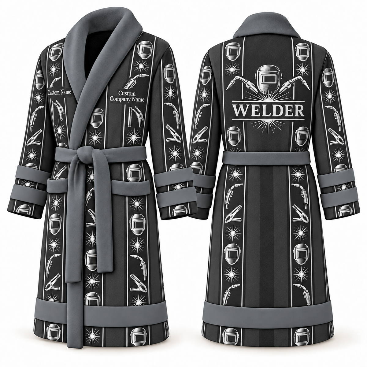 Personalized Welder Bathrobe - Workbench Stripes slate front and back view